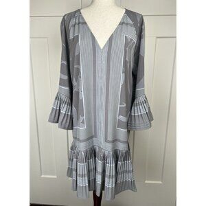 Halston Heritage Gray Graphic Stripe V-Neck Dress Bell Sleeves Pleated Hem Sz L